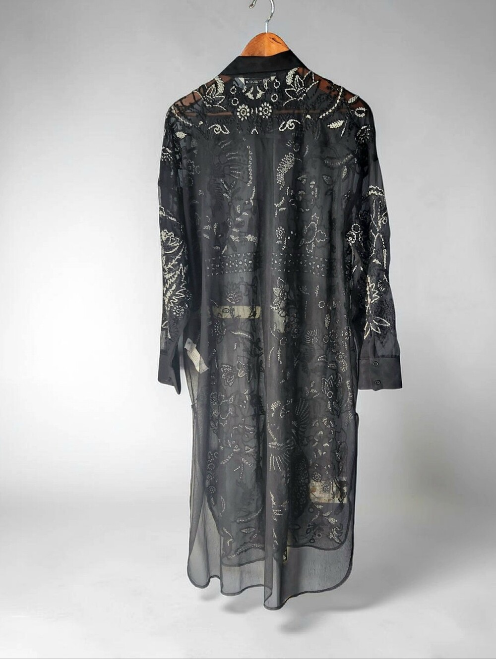 Zara Embroidered Sheer Maxi Length Top Womens M Black Whimsy Goth Button Up - Picture 2 of 16